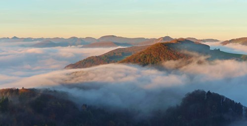 View from the Gisliflue of the Jura foothills Wasserfluh covered in fog, in morning light, Talheim,
