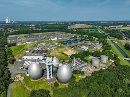 Dinslaken, North Rhine-Westphalia, Germany - Emscher-Eündung sewage treatment plant. The