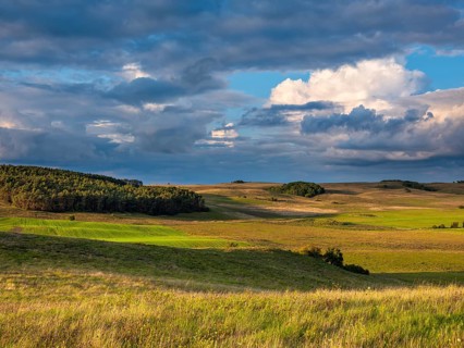 Hilly landscape in the Zicker Mountains in evening light under dramatic stormy clouds, including