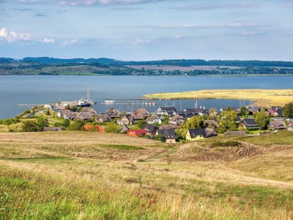 Hilly landscape in the Zicker Mountains, including Zicker Alps, view over the lagoon landscape and