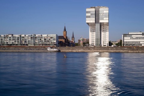 Rhein und Kranhaus Süd, Rheinauhafen, Cologne, North Rhine-Westphalia, Germany