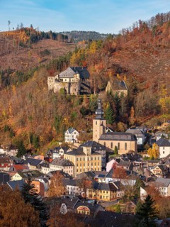 View of Gräfenthal with Wespenstein Castle in the Thuringian Highlands in autumn, Gräfenthal,