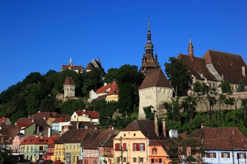 Romania, view of the upper town of the historic old town of Sighisoara, German Sighisoara, town in