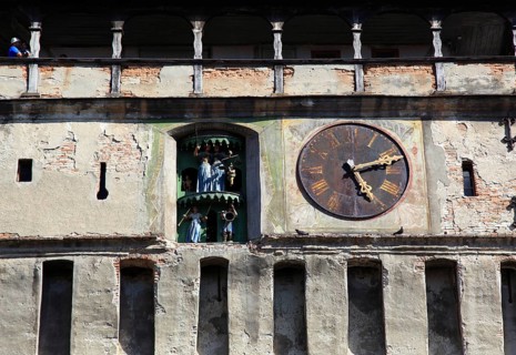 Romania, detail of the hour tower in the historic old town of Sighisoara, German Sighisoara, town