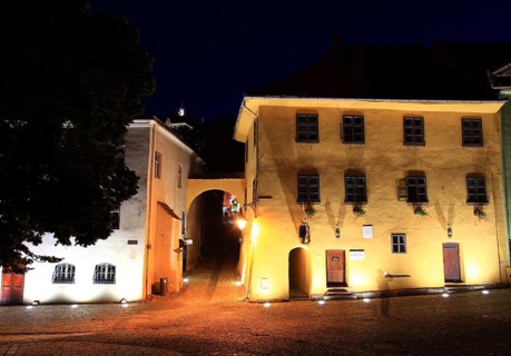 Romania, Vlad Tepes' birthplace at blue hour in the historic old town of Sighisoara, German