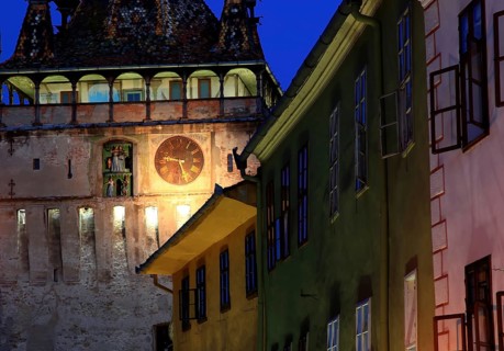 Romania, hour tower, at blue hour in the historic old town of Sighisoara, German Sighisoara, town