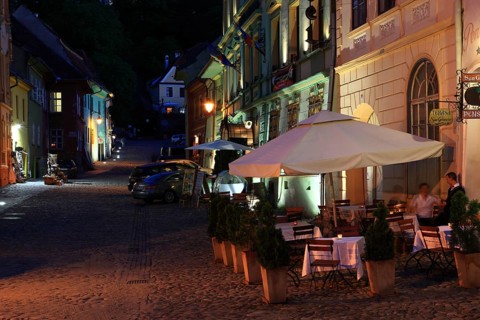 Romania, restaurant in the historic old town of Sighisoara, German Sighisoara, town in Mures
