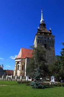 Romania, the church tower and church of Saschiz, German Keisd, a community in Mures County,