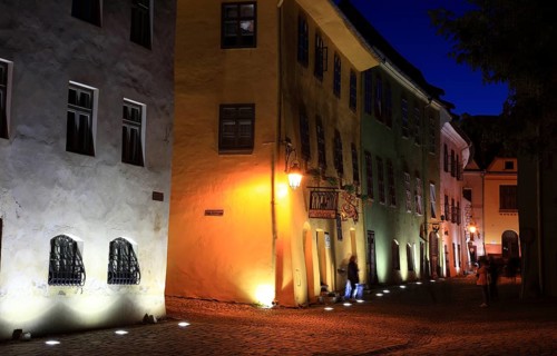 Romania, at blue hour in the historic old town of Sighisoara, German Sighisoara, city in Mures