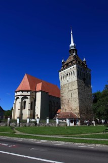 Romania, the church tower and church of Saschiz, German Keisd, a community in Mures County,