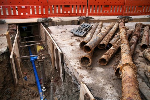 Construction site, civil engineering, water renewal, water pipes, water supply, residential area,