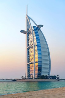 Dubai, United Arab Emirates. July 1st 2019 Evening scenic view of Burj Al Arab, landmark iconic