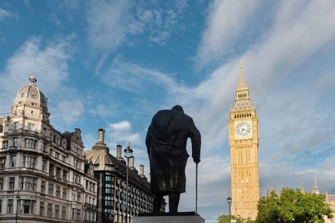 London, United Kingdom. August 2nd 2023 Iconic Big Ben with a statue of Sir Winston Churchill the