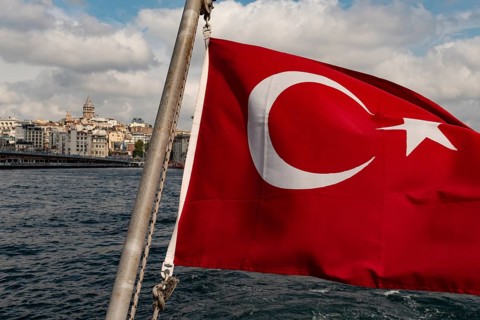 Istanbul, Turkey. September 21st 2021 Turkish flag flying from the rear of a Bosporus ferry with