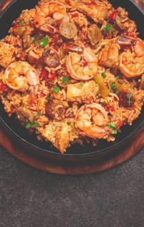 Jambalaya, Creole dish, American pilaf, rice with chicken and shrimp, vegetables, homemade, no