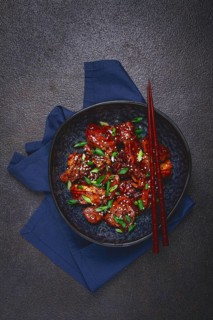 Yakitori chicken kebab, on a plate, with green onions and sesame seeds, top view, no people