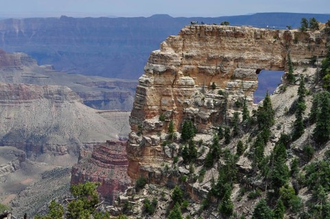 A natural rock arch stretches across an expansive, impressive canyon scene with trees, Grand Canyon