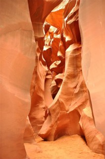Sandstone passages with various light and shadow effects in a high, narrow canyon, Antelope Canyon,