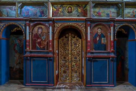 Gilded door in the 16th century Gothic wooden church of St. Paraskevi, Radruz, Poland