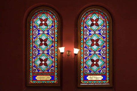 Colored stained glass windows in the Isaac Temple Synagogue in Kazimierz district, Krakow, Poland