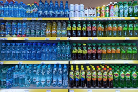 Refrigerated rack with drinks in a Polish gas station, Krakow, Poland