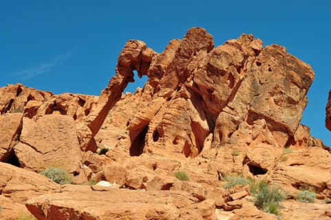 Famous elephant arch rock formation towering under bright blue sky, Valley of Fire State Park,