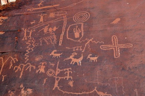 Ancient petroglyphs and symbols engraved in rock walls testify to historic art in the desert,