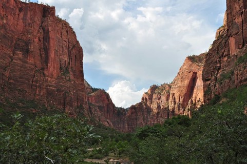 Dramatic rock formations in the red canyon under a cloudy sky, Zion National Park, Utah, USA