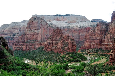 Extensive landscape with impressive red rock walls in the mountains, Zion National Park, Utah, USA