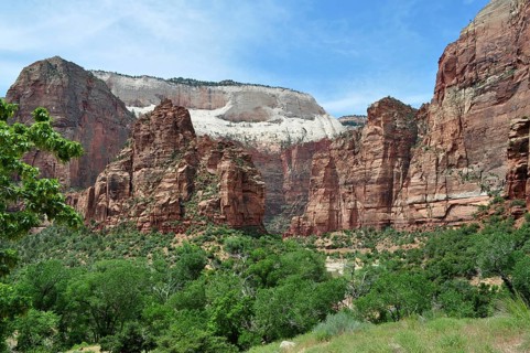 Red rocks and green vegetation under a clear blue sky, Zion National Park, Utah, USA