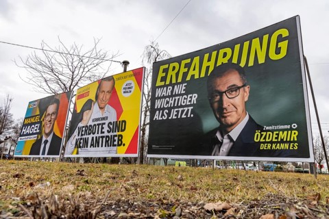 Election advertising for the 2026 state election in Baden-Württemberg. Large posters of the Green