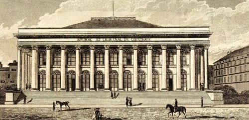 Bourse de Paris, Palais Brongniart, façade of the Paris Stock Exchange, France, steps, columns,