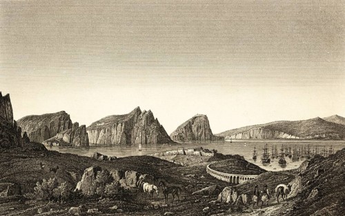 Navarino and its bay, today Pylos, Greece, sailing ships, two-masted, mountain landscape, donkeys,