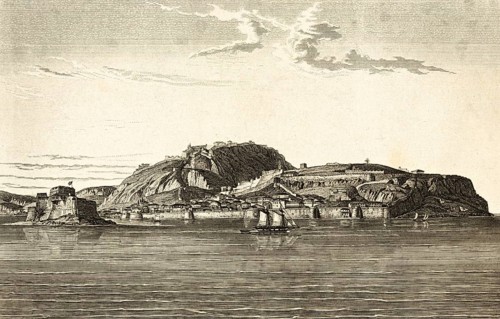 Napoli di Romani, Nafplio, Peloponnese, Argolic Gulf, Greece, rocks with Bourtzi fortress,