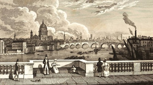 London cityscape with St Paul's Cathedral, England, promenade, walkers, arched bridge, barges on
