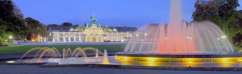 Spa garden with imperial palace illuminated panorama of Bad Oeynhausen Germany
