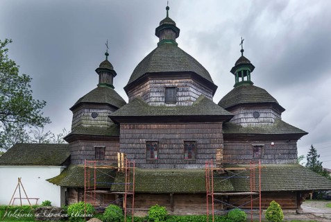 Historic wooden Trinity Church in Zhovkva city, Ukraine
