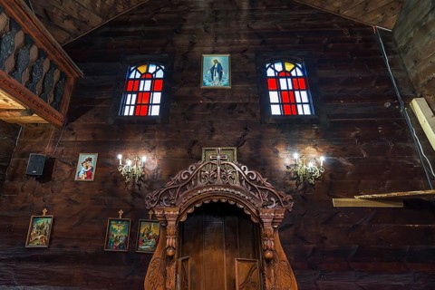 Interior of the historic wooden Trinity Church, Zhovkva city, Ukraine