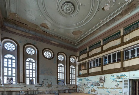 Destroyed interior of the Hasidic Synagogue including Jacob Gansel Schul, is being restored,