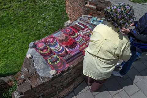 Street sale of pearl jewelry on a fortress wall, Lviv, Ukraine