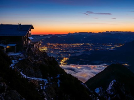 Alpine panorama, Reichenhaller Haus am Hochstaufen at dawn, below Salzburg, Bad Reichenhall,
