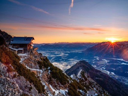 Alpine panorama, Reichenhaller Haus am Hochstaufen at sunrise, below Salzburg, Bad Reichenhall,