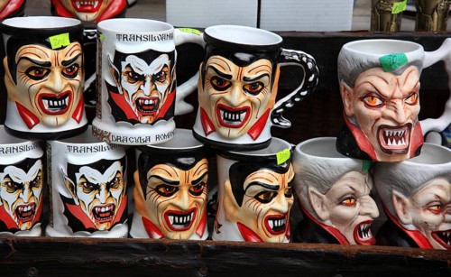 Souvenir sale at Bran Castle, marketing of Dracula, printed here on cups, Törzburg, in