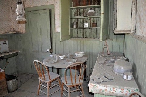 Dusty kitchen, vintage kitchen with old dishes and furniture in an abandoned setting, Bodie Ghost