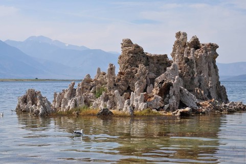 Rocks, limestone formations, in a calm lake, Lake Natron, with mountains in the background, Mono