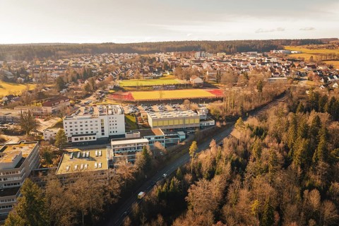 Extensive view of an urban landscape with schools, sports facilities and surrounding forests in a