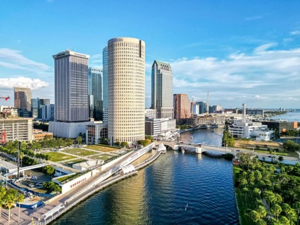 Tampa skyline from above aerial view with skyscrapers and Hillsborough River in downtown Tampa, USA