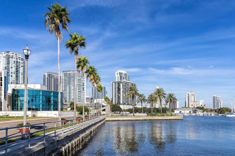 Saint Petersburg Florida Promenade on Tampa Bay with Skyline in Downtown St Petersburg, USA
