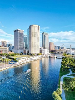 Tampa skyline from above aerial view with skyscrapers and Hillsborough River in downtown Tampa, USA