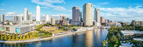 Tampa skyline from above aerial view panorama with skyscrapers and Hillsborough River in downtown